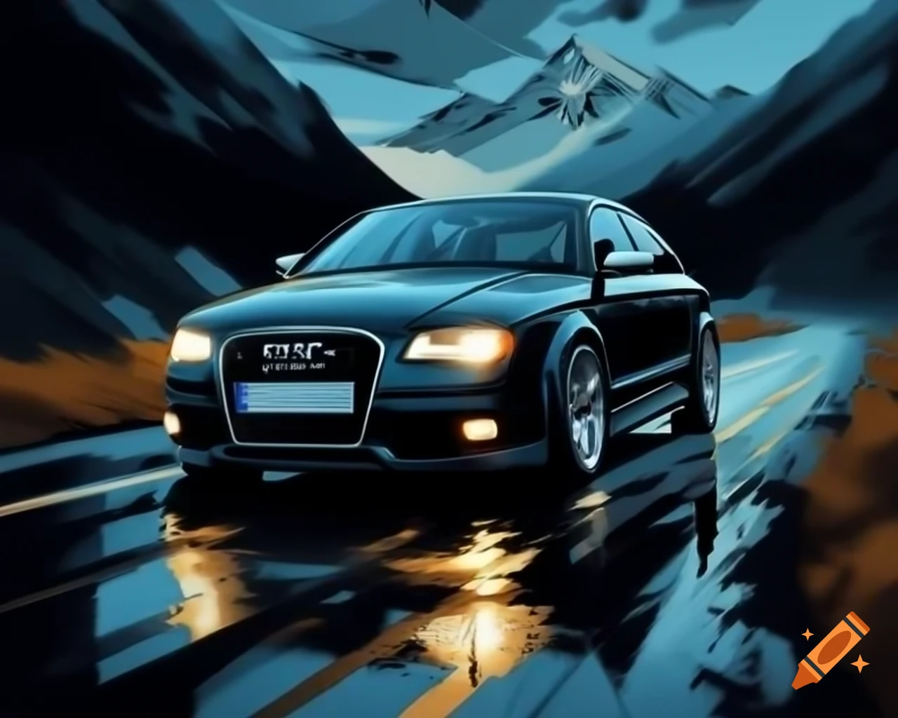 Black Audi S3 driving on wet mountain road under starry night sky, 60's movie poster style