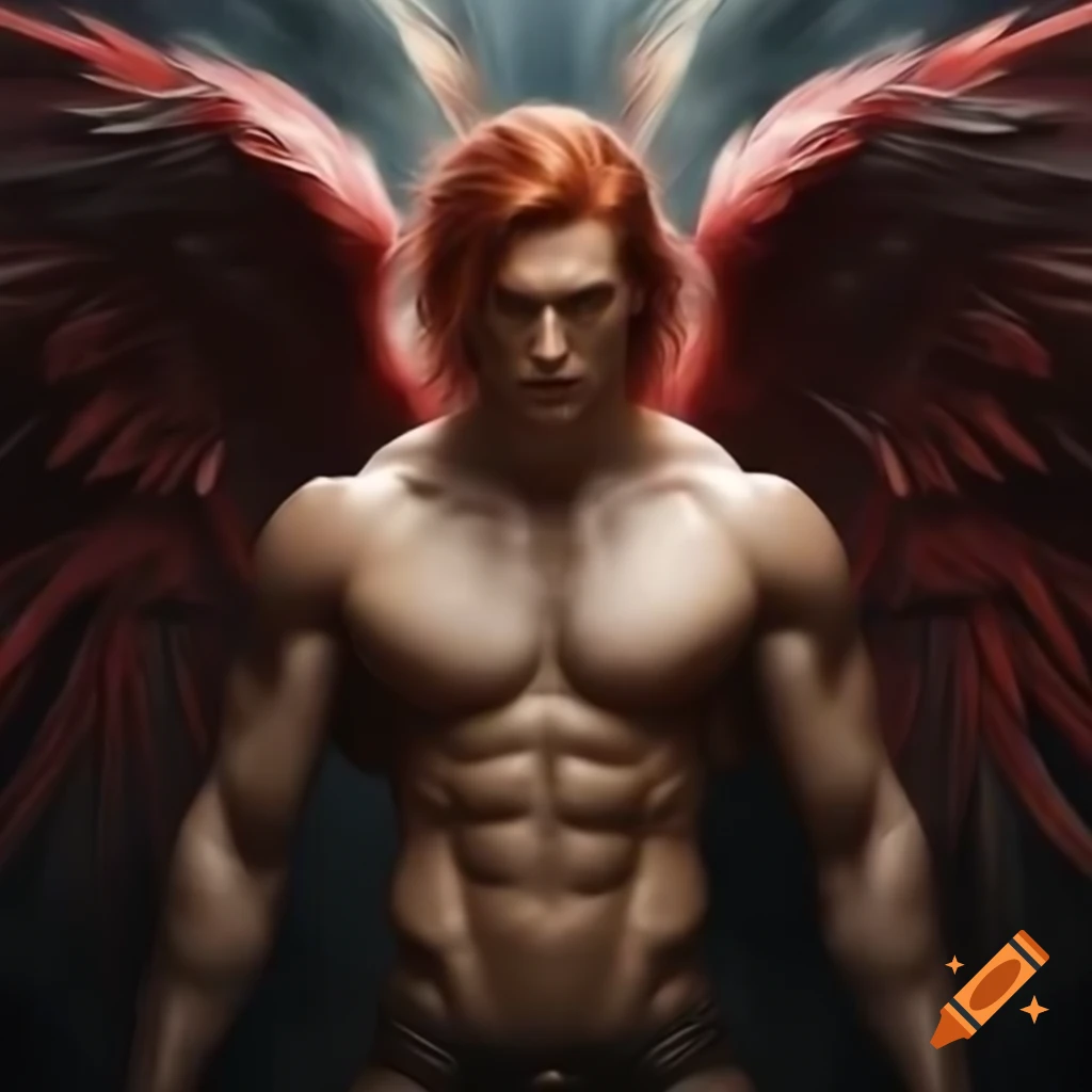 Full body portrait of male battle angel with scarlet hair and red-grey wings