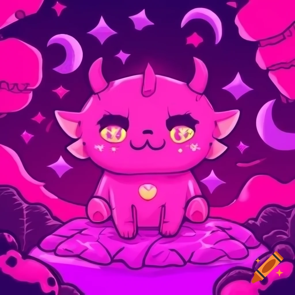 Cute devil horned kitten in colorful hell scenery, anime cartoon style