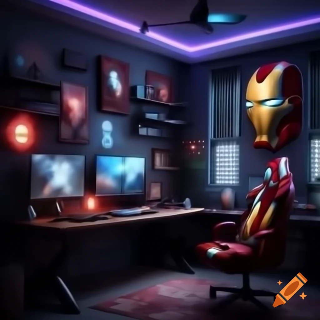 Modern gamer room with Iron Man paintings and futuristic red and white furniture