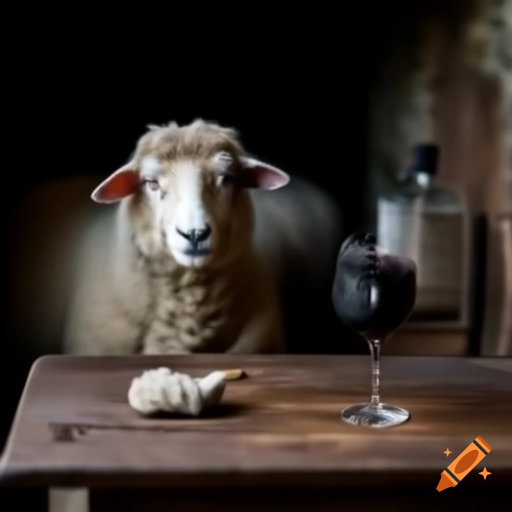 Sheep in old Welsh cottage with bottle of red wine and poured glass