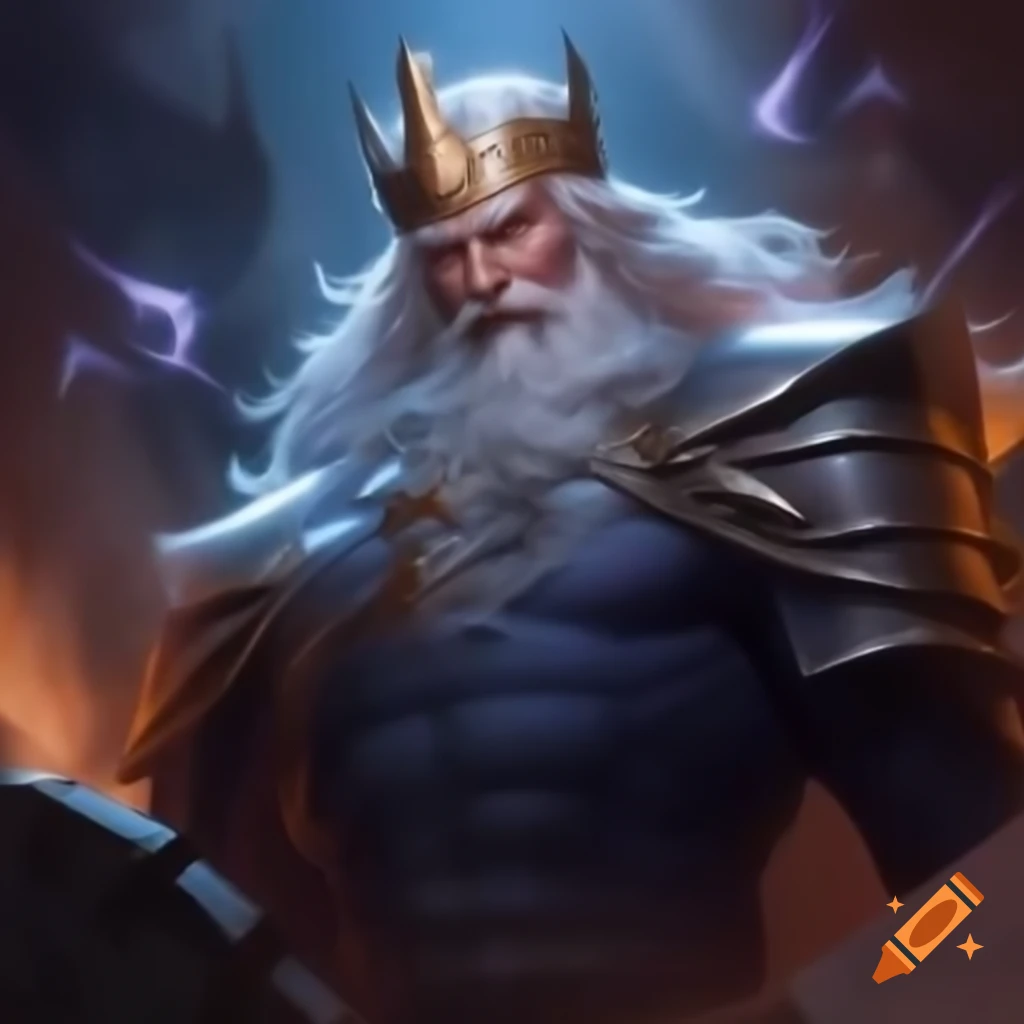 Evil king in white armor and crown, surrounded by magical power in a destroyed kingdom