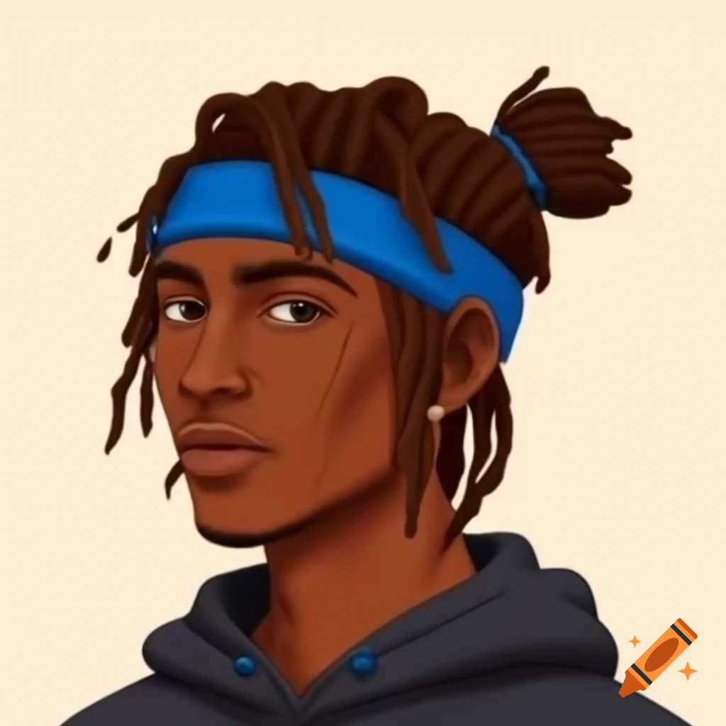 Brown-skinned male verdan character from D&D with dreadlocks and blue headband in a hoodie