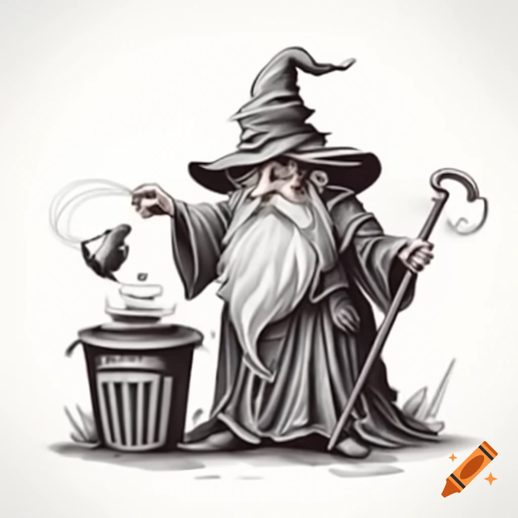 Wizard cooking potion in trash bin, detailed drawing