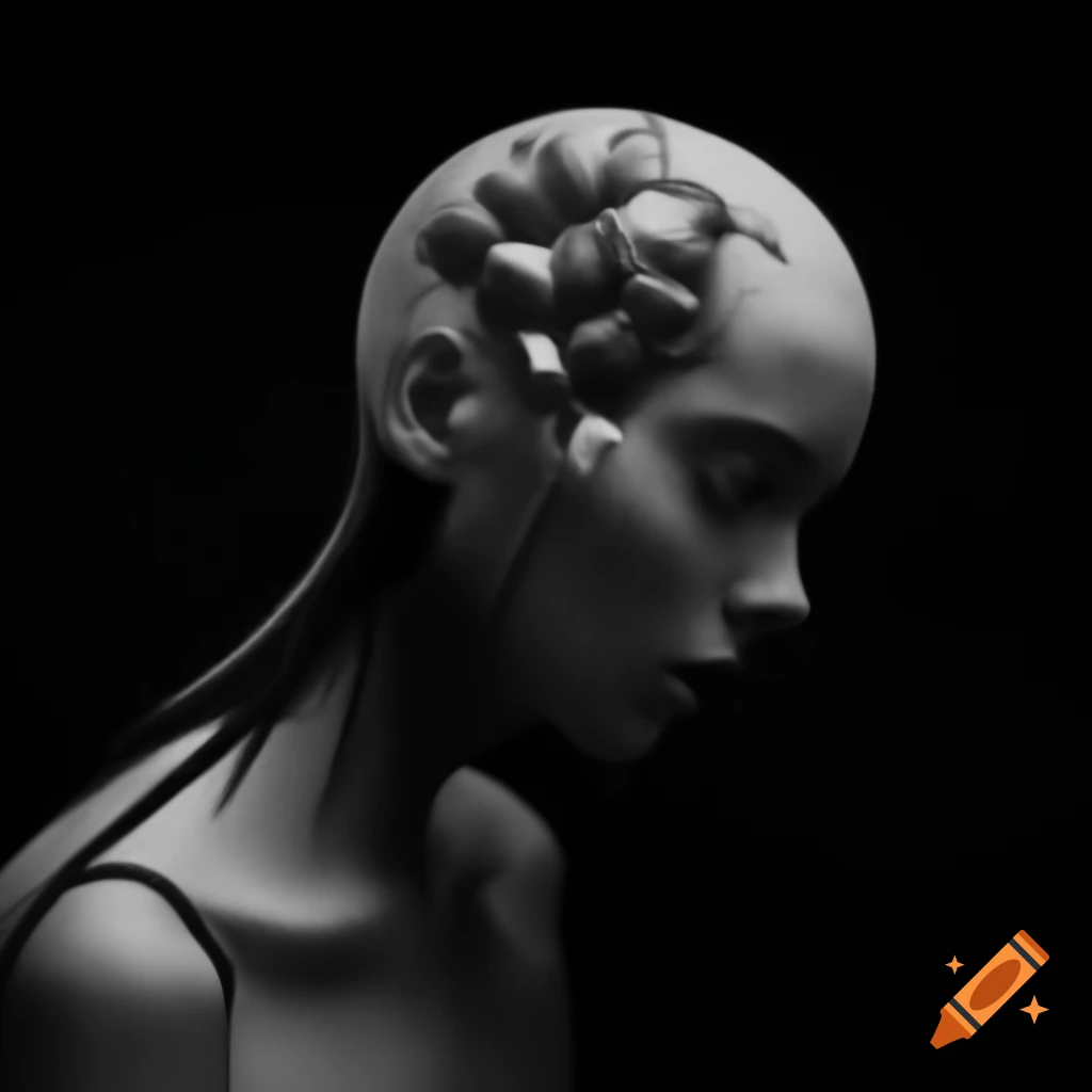Monochrome surrealist artwork featuring abstract elements