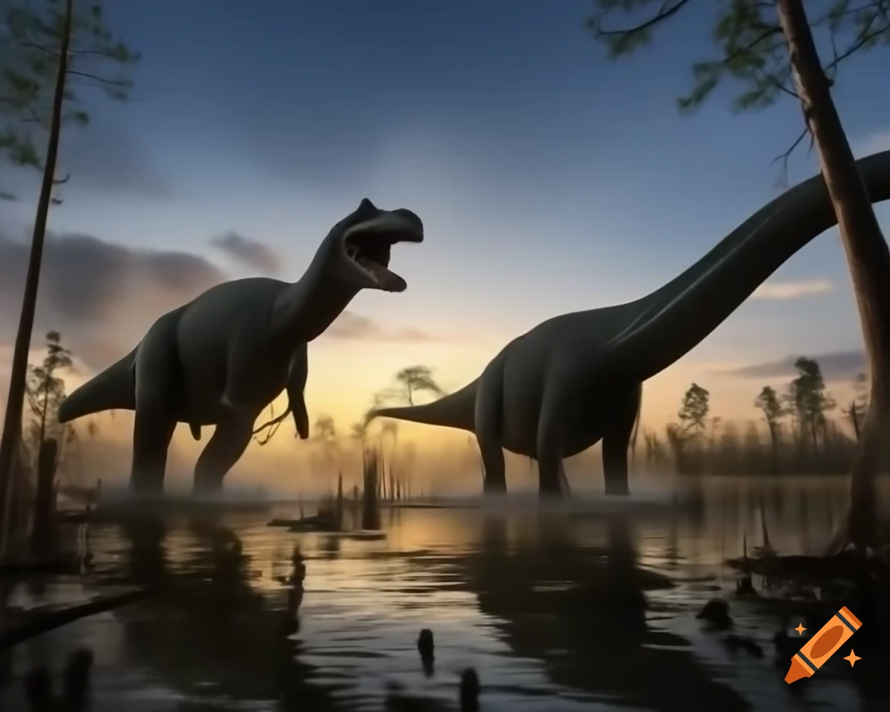 Hadrosaurus in cinnamon and grey stripes walking through marshland at golden hour