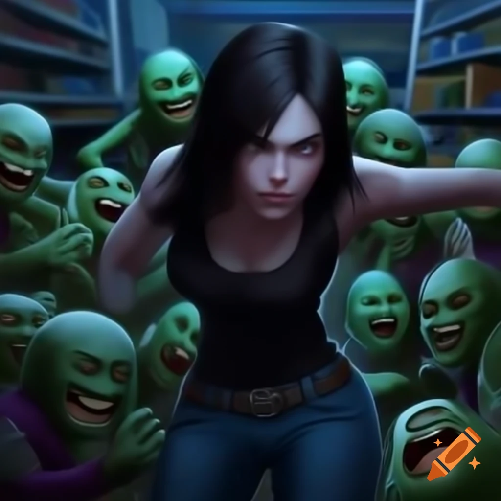 Dark haired woman battling zombies in Walmart