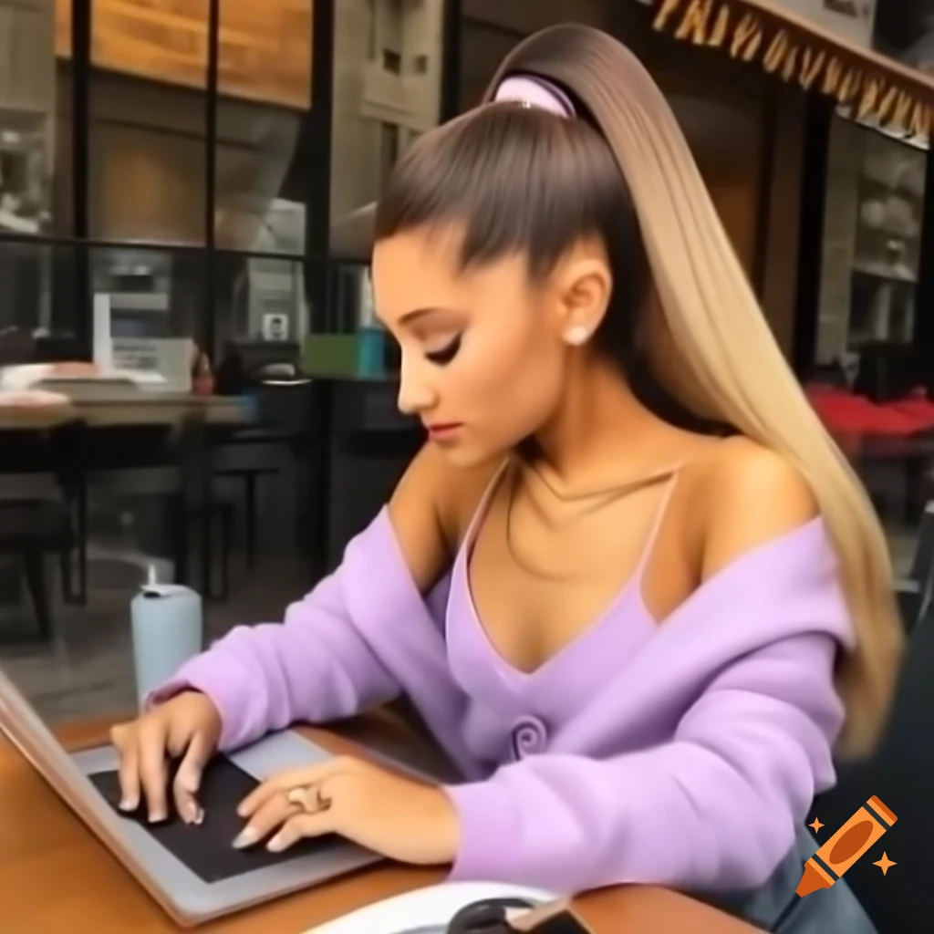 Ariana Grande studying at desk with notebook, pens, coffee cup, and dark ambiance