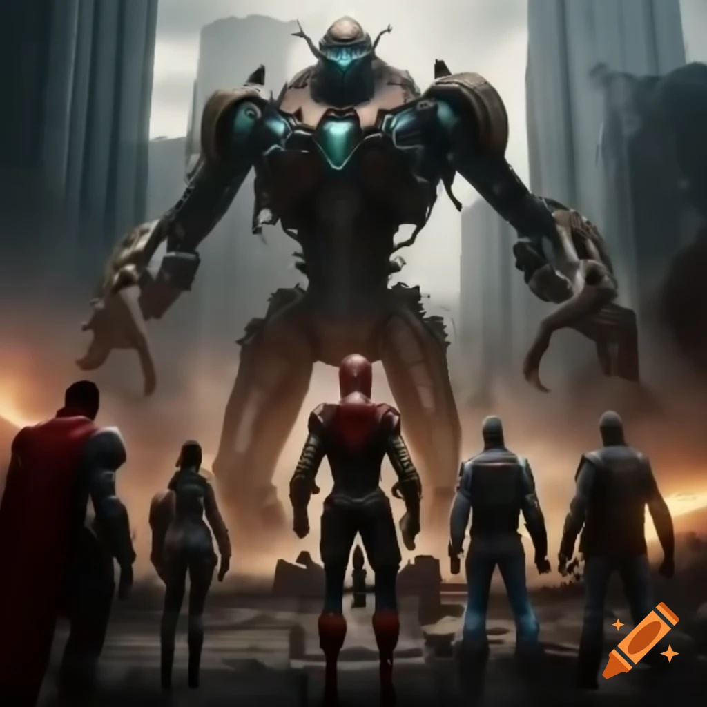 Cyberpunk superheroes battling giant robotic spider in post-apocalyptic city