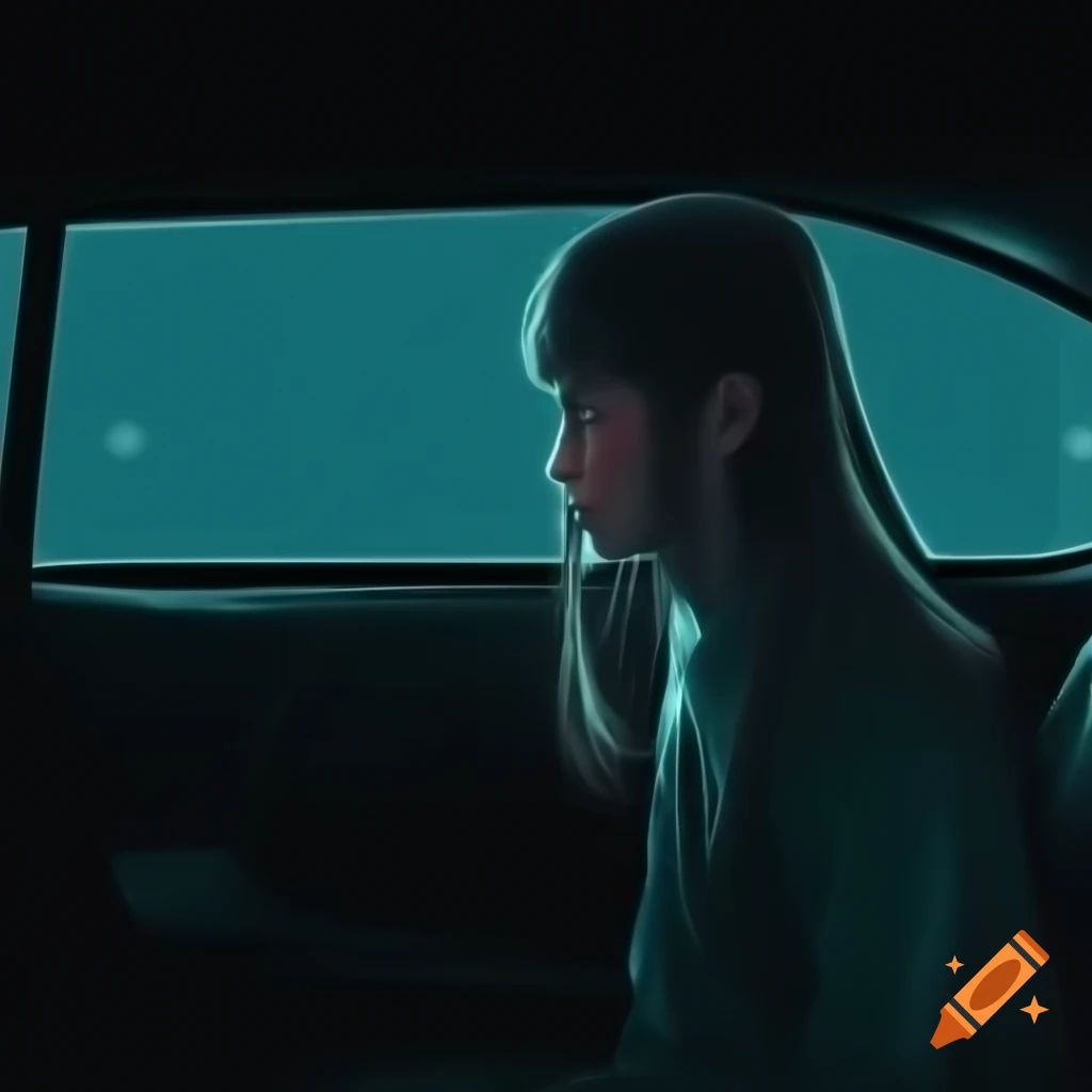 Surreal render of a girl waiting in an empty car in a void with black and silver palette