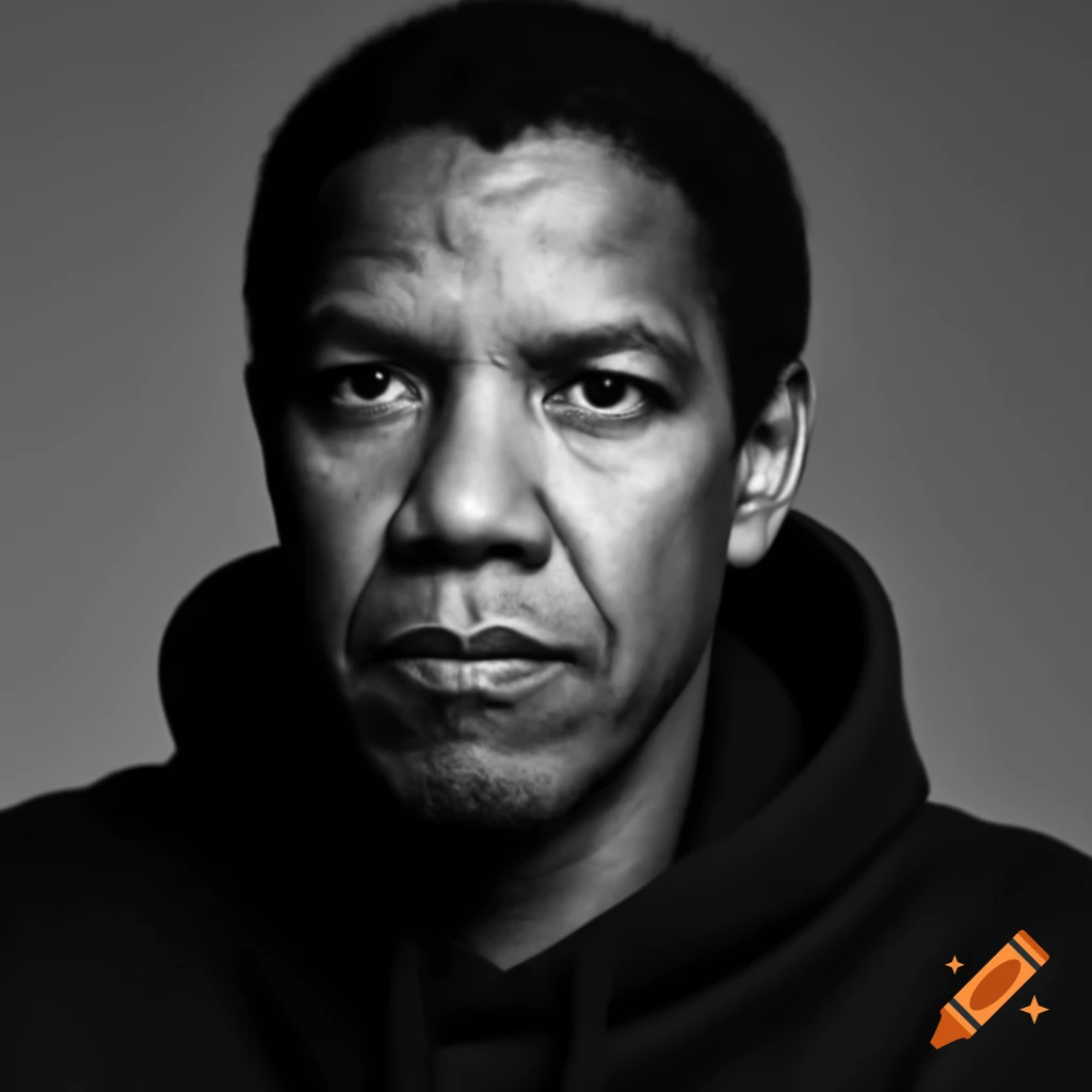 Black-and-white portrait of Denzel Washington in hoodie