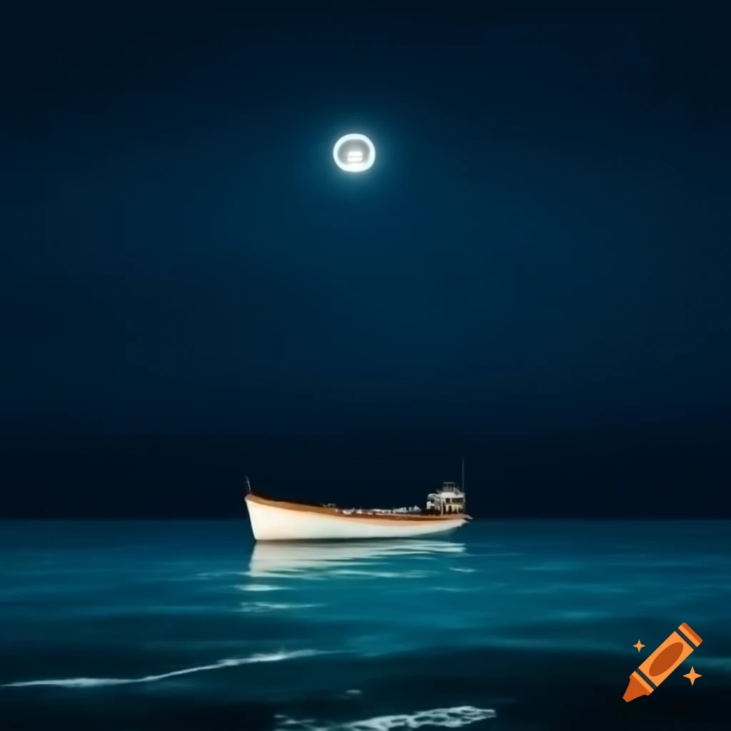 Boat sailing on the sea illuminated by moonlight