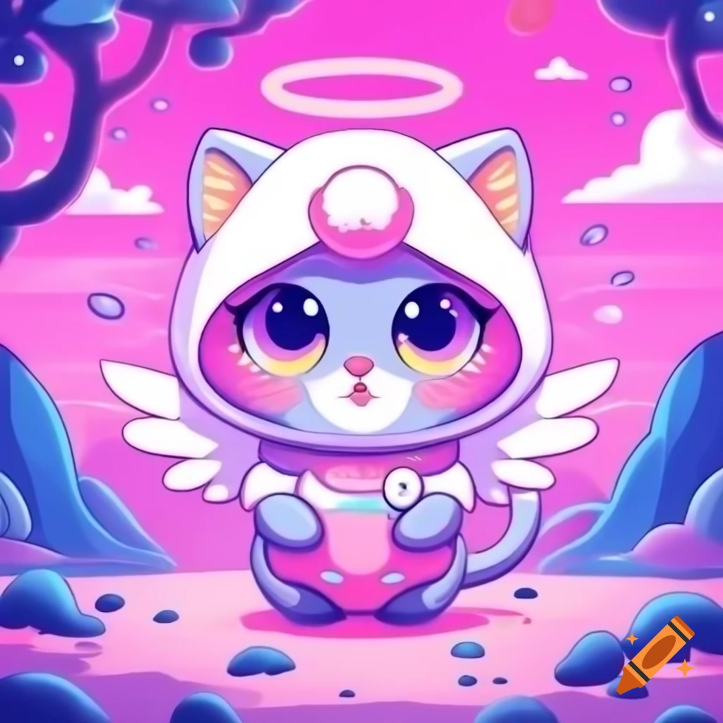 Cute angel kitten in anime style in pink and purple themed heaven