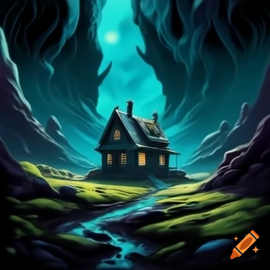Dark cottage in alien landscape with cyan and lime highlights