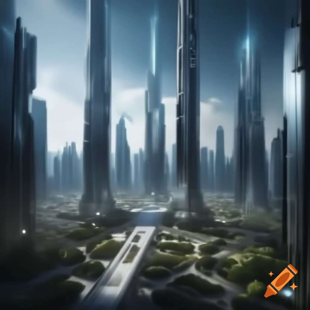 Futuristic city with towering skyscrapers and advanced machines