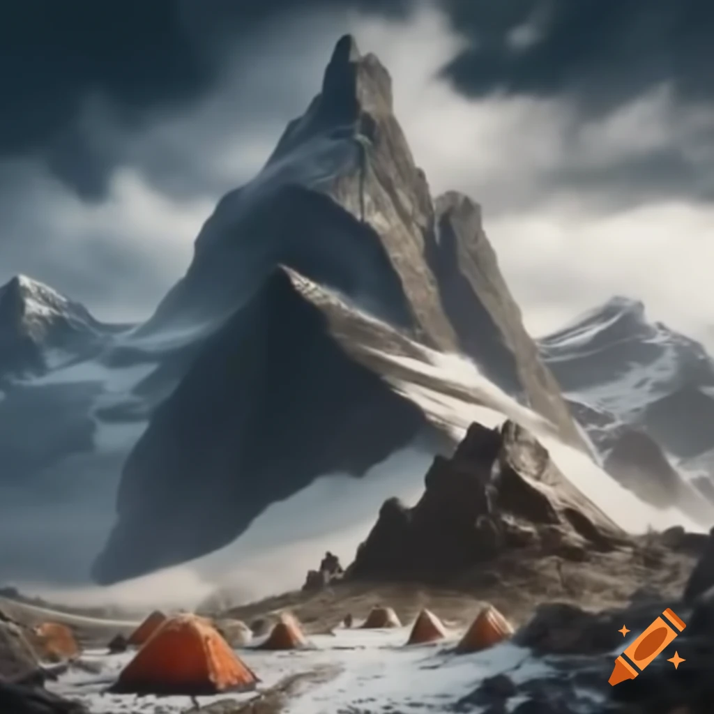 Mountain with rocky base, tents, Sherpa guide, and rock climber amid stormy clouds and snow