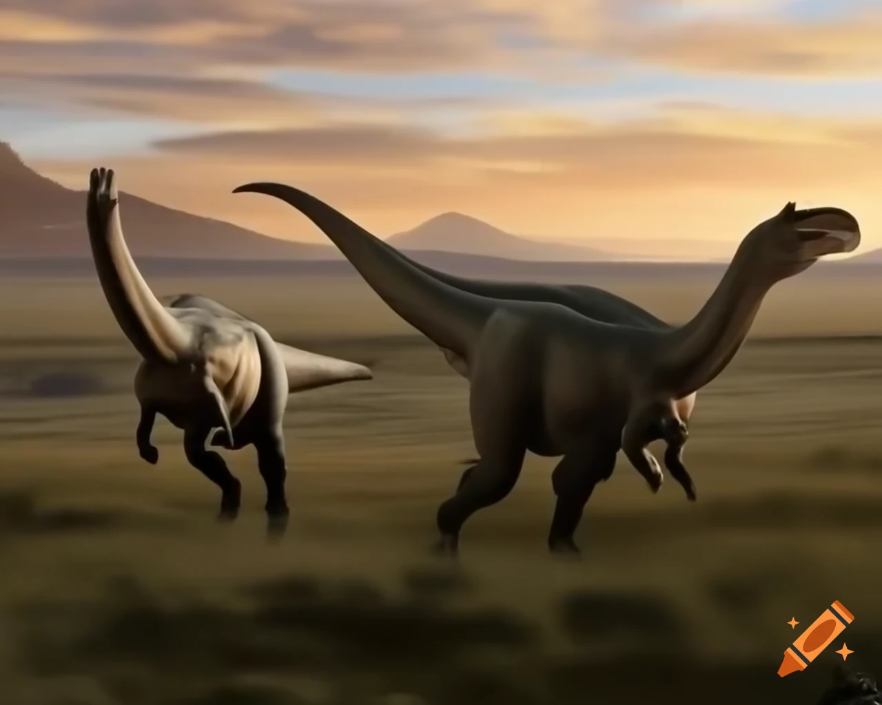 Pair of hadrosaurus moving in moor landscape during golden hour