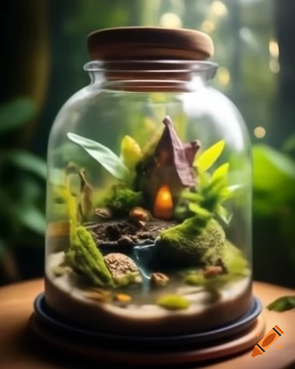Diorama terrarium featuring fairy house and water puddle