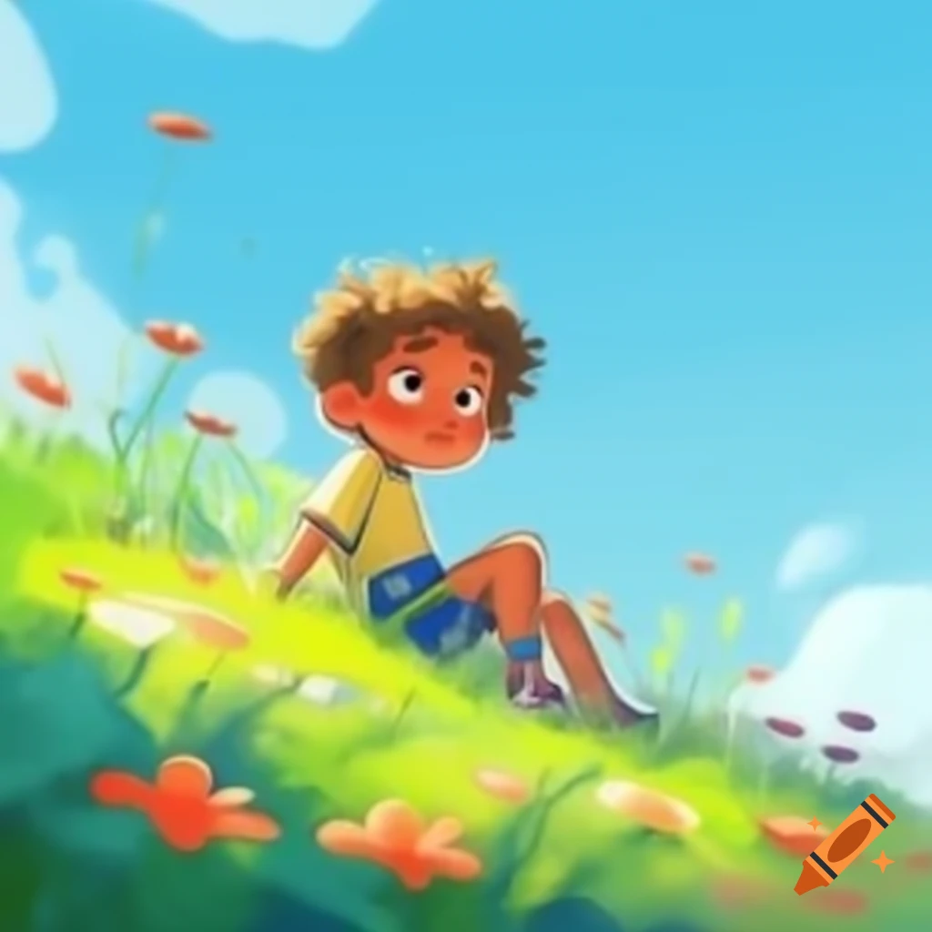 Child sitting on grassy hill among vibrant flowers and clear blue sky