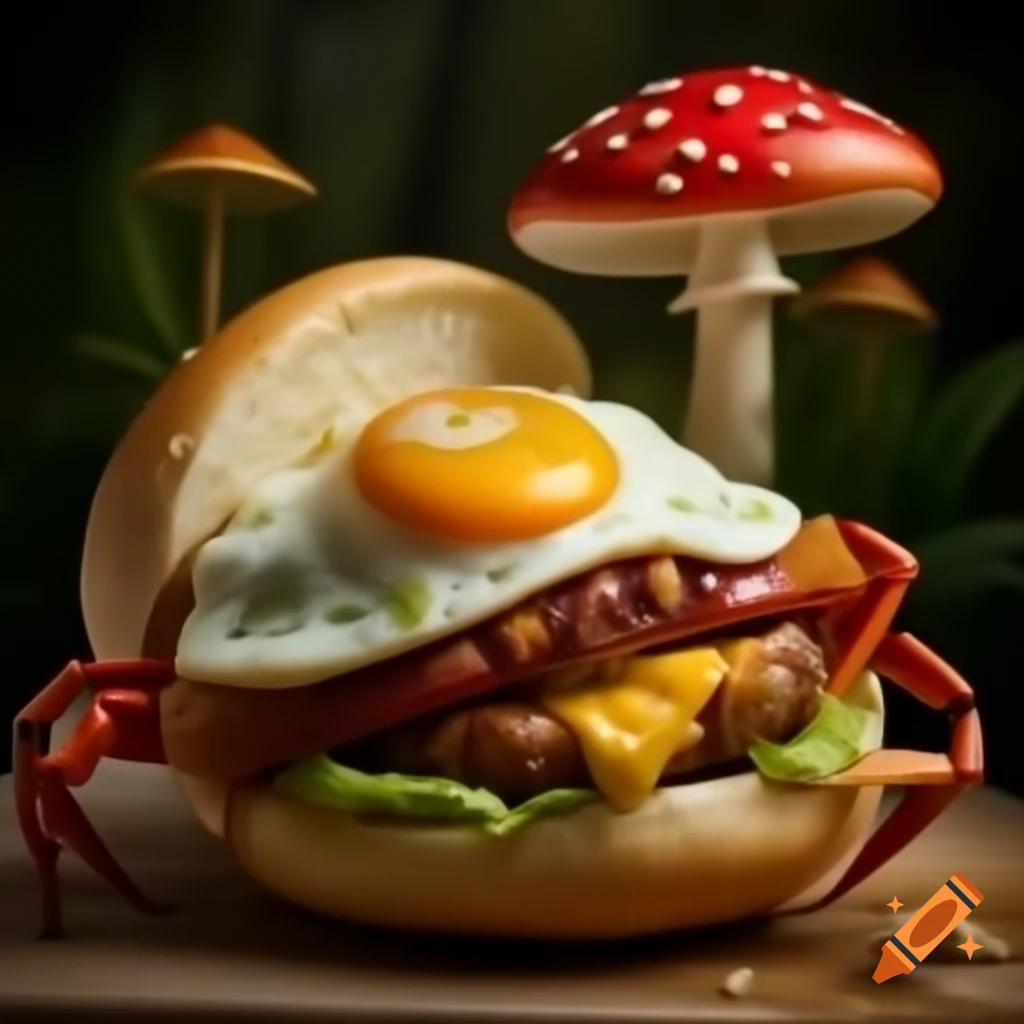 Realistic sandwich with egg, hotdog, crab, mushroom, and earwig