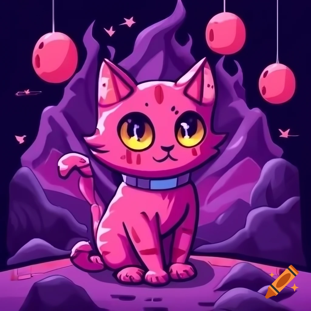 Cute devil-horned kitten in pink and purple hell scenery, anime style