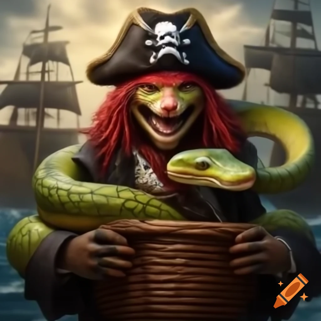Pirate grinning with snake biting his face on ship