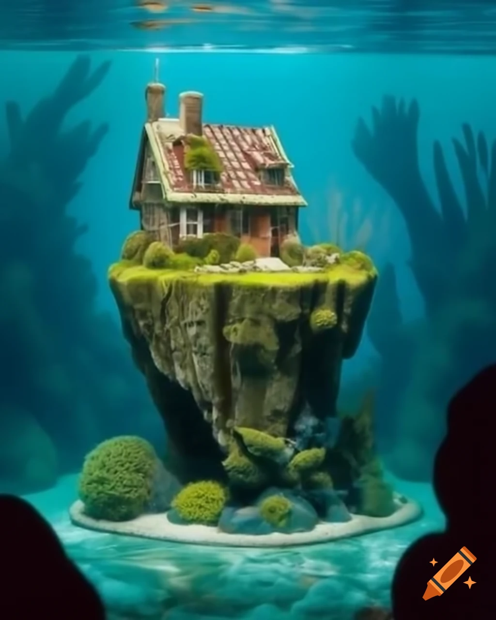 Miniature mossy house on rock underwater, surrounded by corals and bubbles, diorama