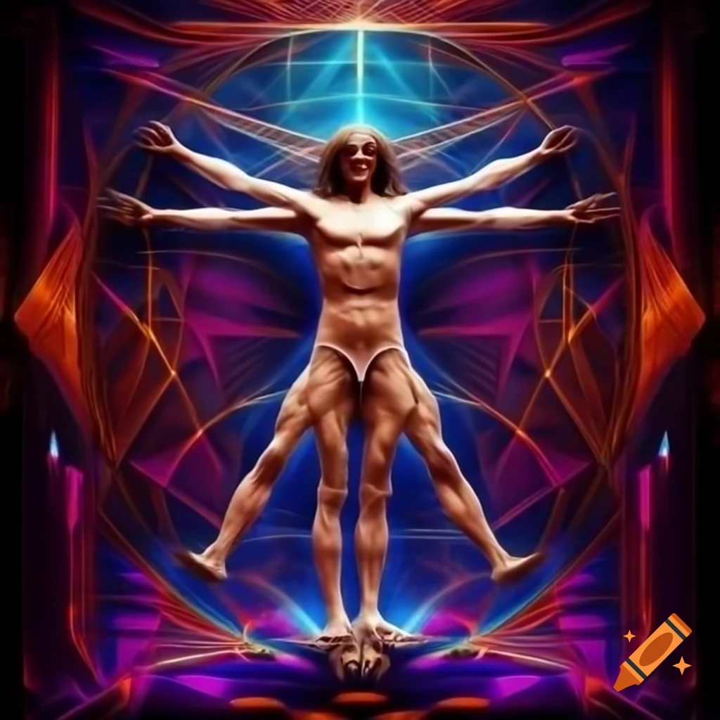 Hyper-realistic 3D depiction of New York City Vitruvian Man with harmonic sacred geometry