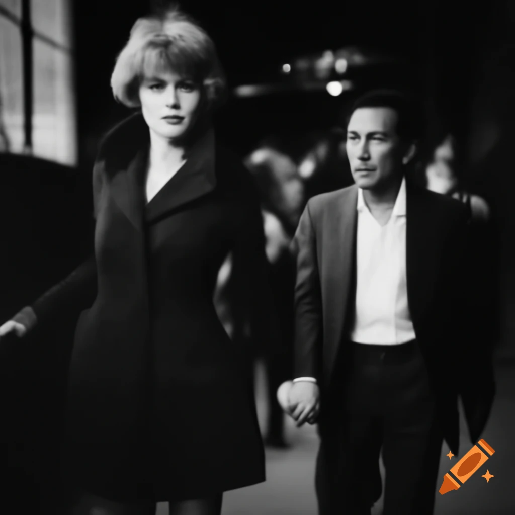 Woman wistfully looking at stylish man in 1960s suit, vintage art style