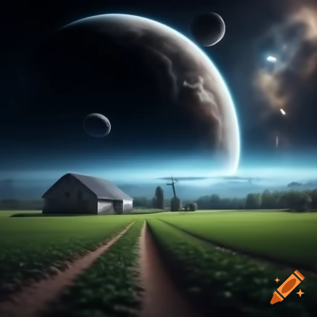 Realistic farm background set in space