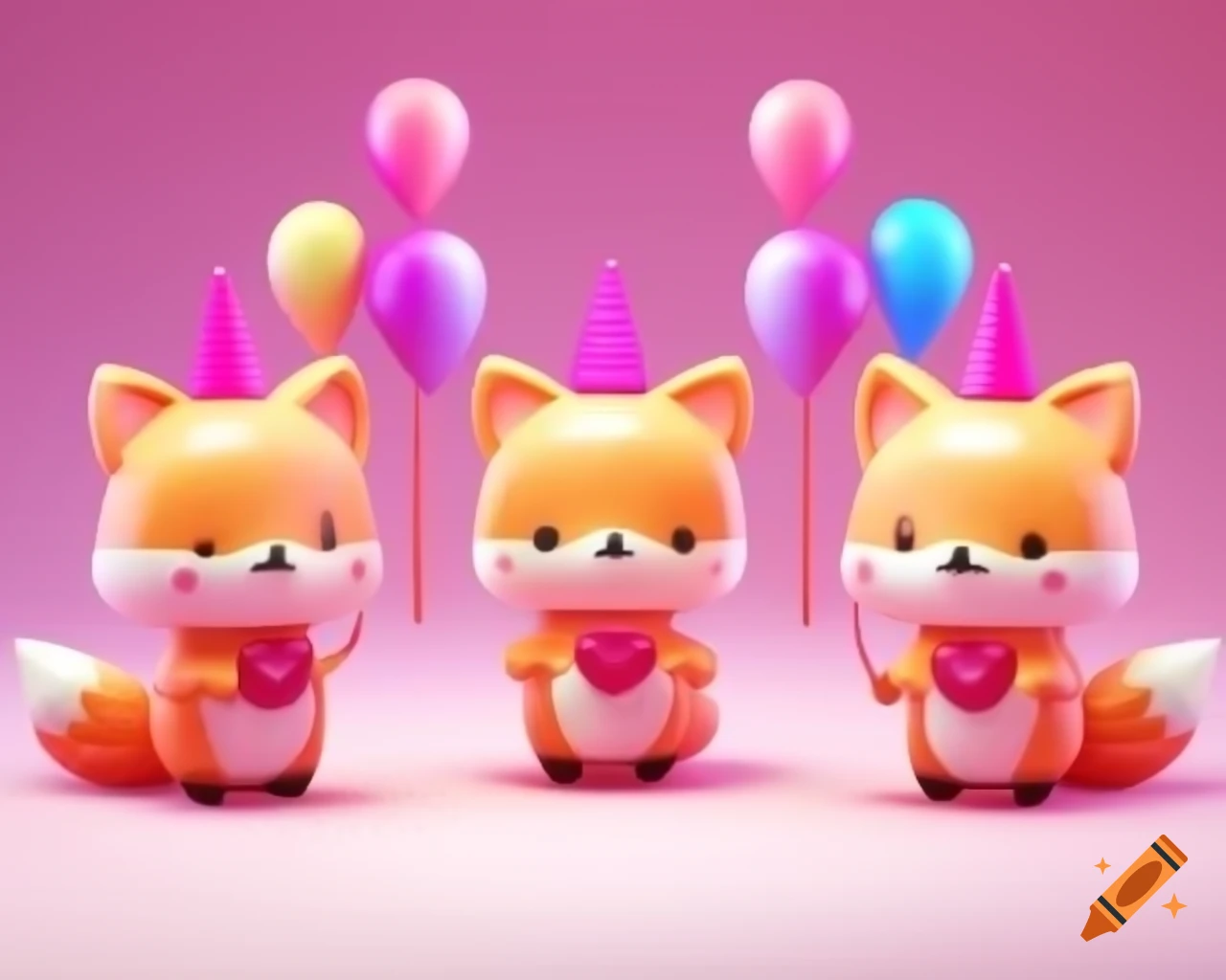 Kawaii 3D illustration of four happy foxes at a party