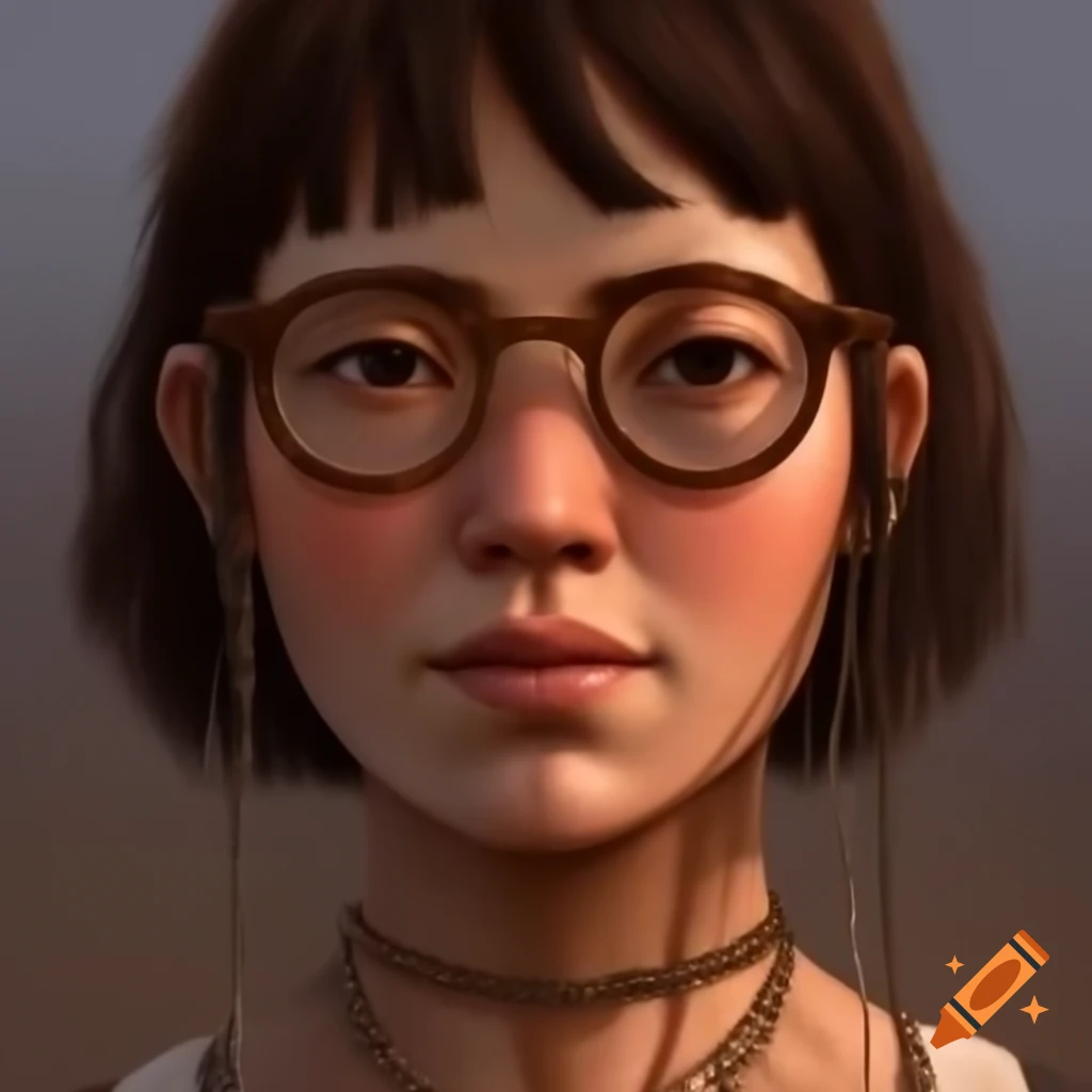 Folk woman with round face, thick neck, and old glasses