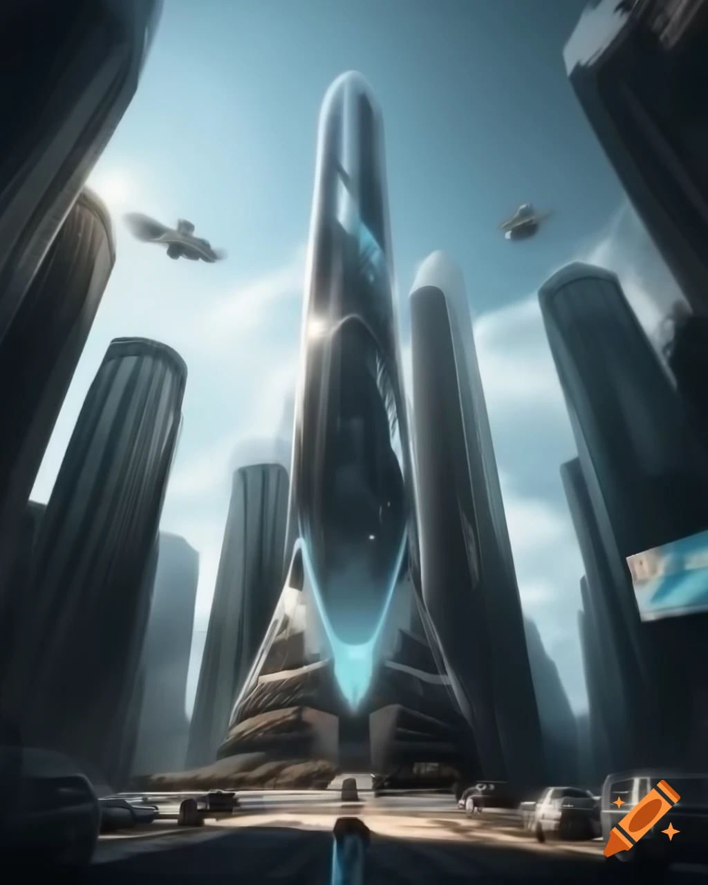 Futuristic cityscape with glass buildings, holographic ads, and flying cars