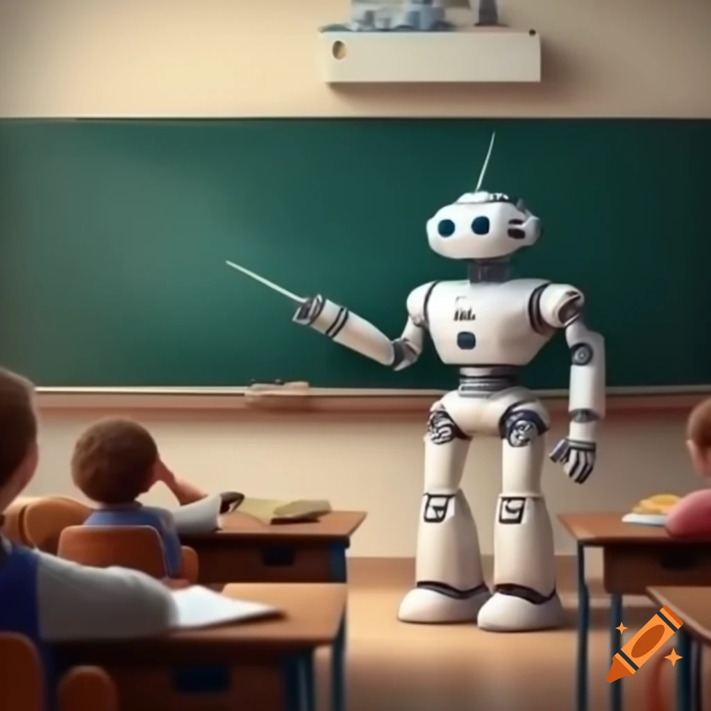 Robot teaching students at whiteboard