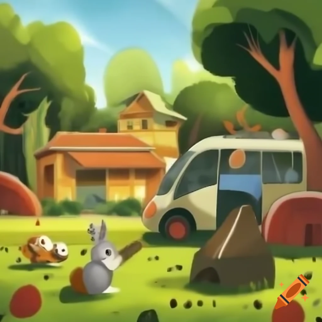 Rabbit, dog, and cat at the gate of a simple house looking towards the city