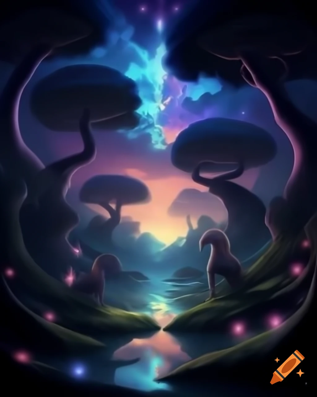 Enchanted mystical forest with tall trees and mythical creatures