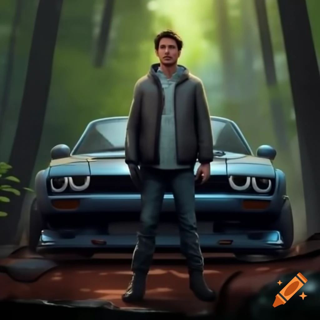Man with super car in forest setting