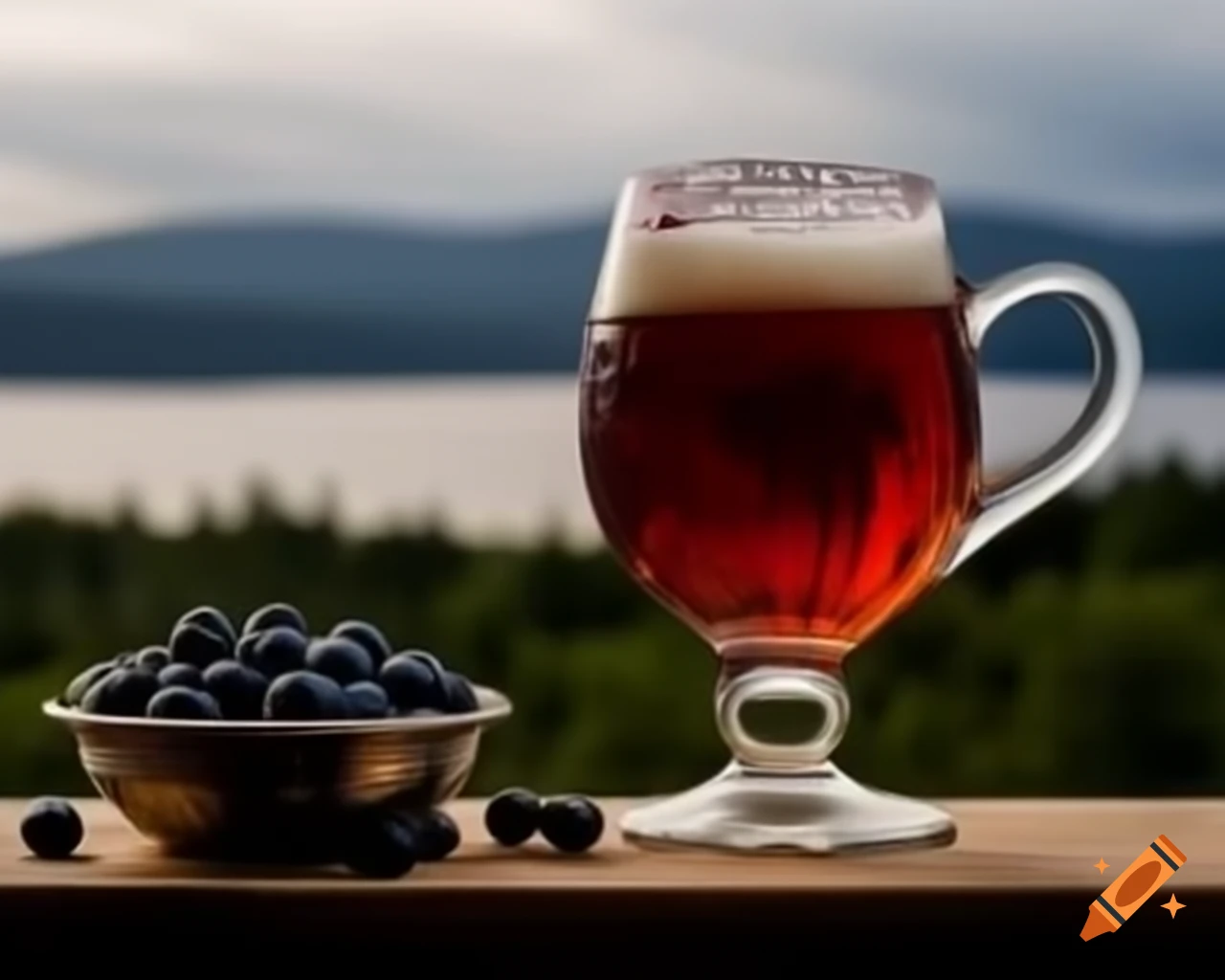 Wild berries and antique silver cup with beer in front of a lake, photorealistic