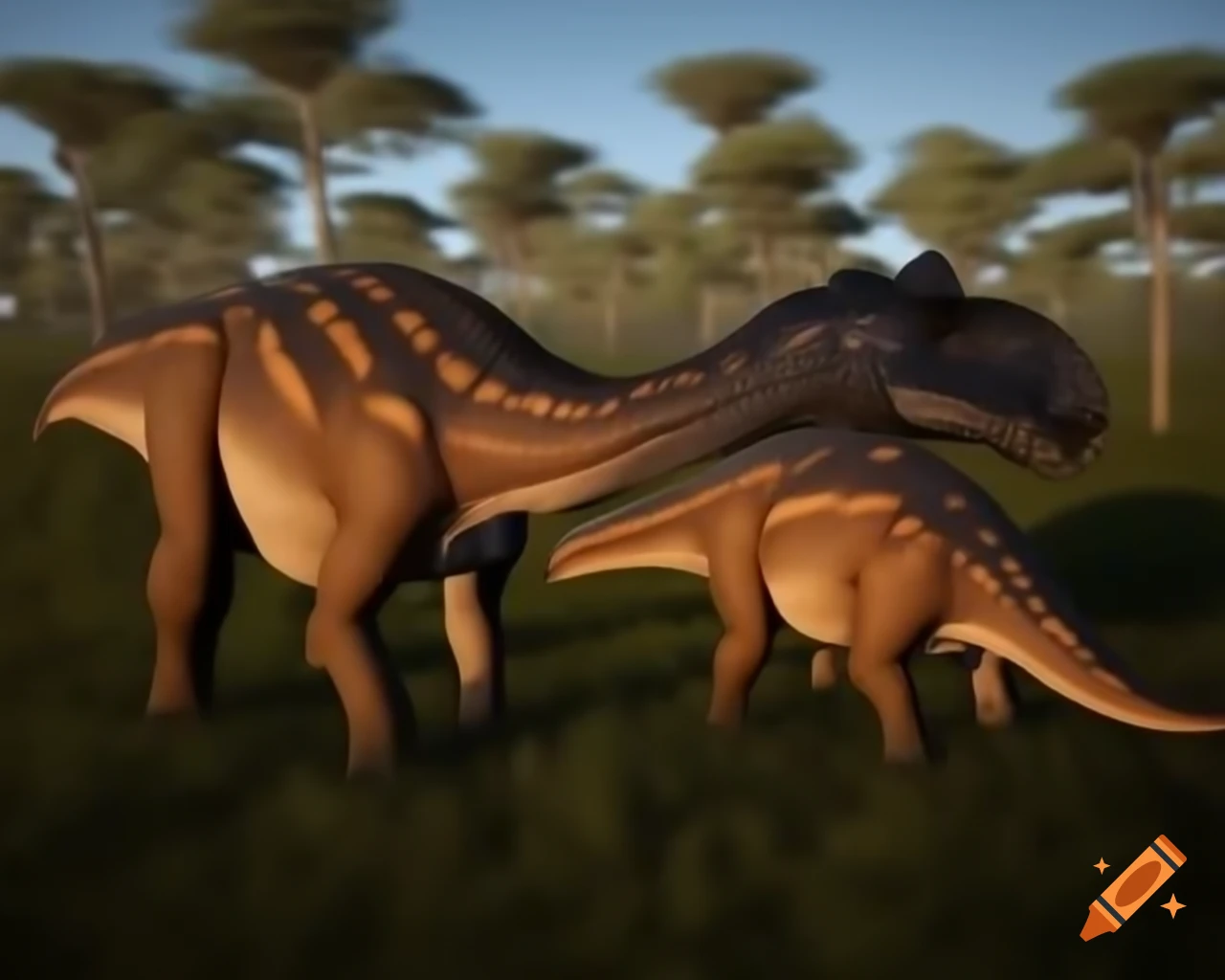 Pair of striped hadrosaurus in bush-covered plain at sunset