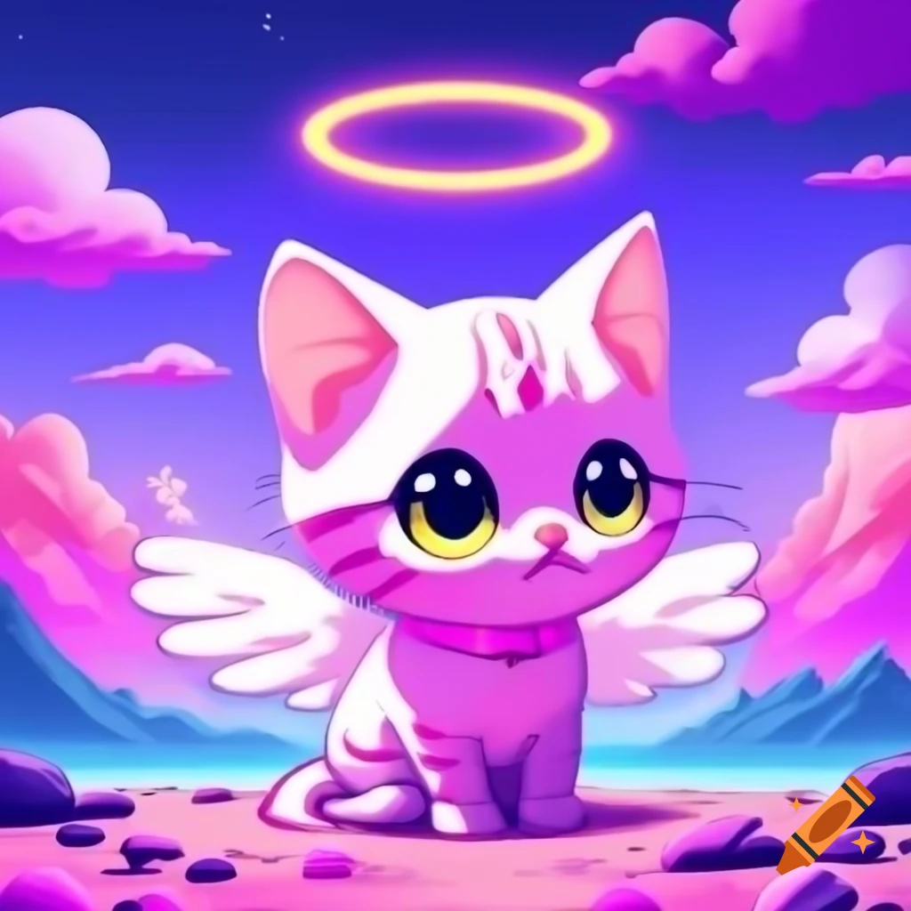 Cute angel kitten in anime style in pink and purple themed heaven