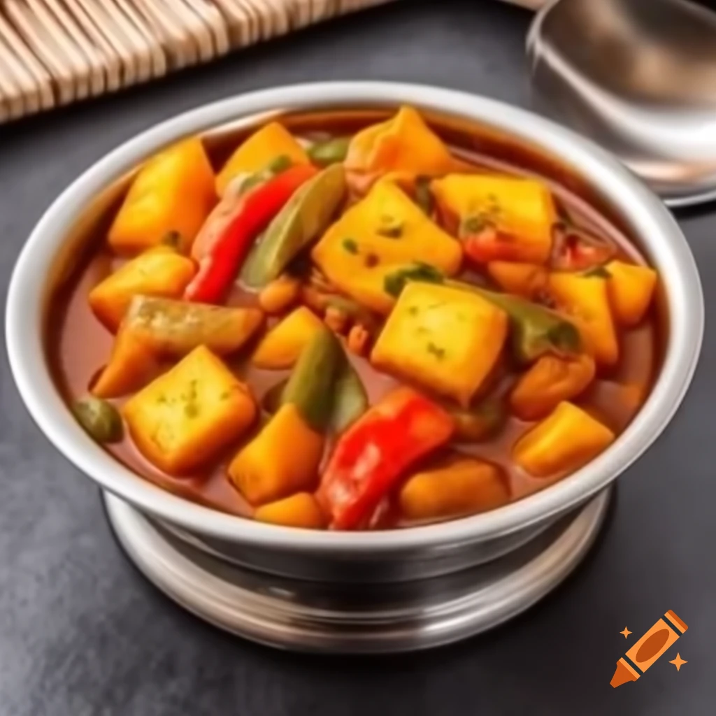 Indian style potato chilli with diced potatoes, onions, and capsicum in silver bowl