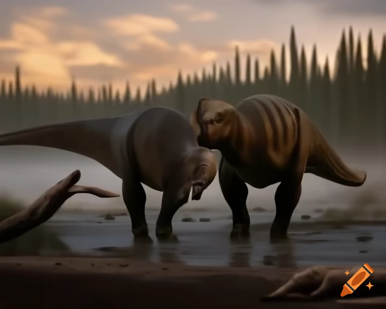 Hadrosaurus standing on muddy bank of lake with driftwood in warm afternoon light