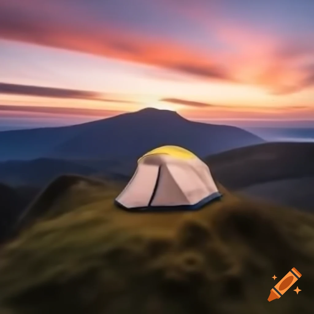 Camping tent on hill overlooking sunset