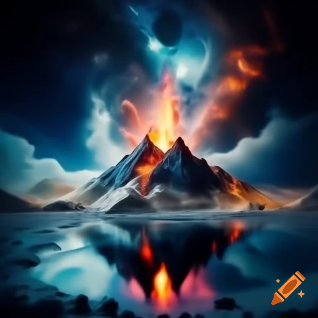 Exploded volcano in galaxy with full moon and stars