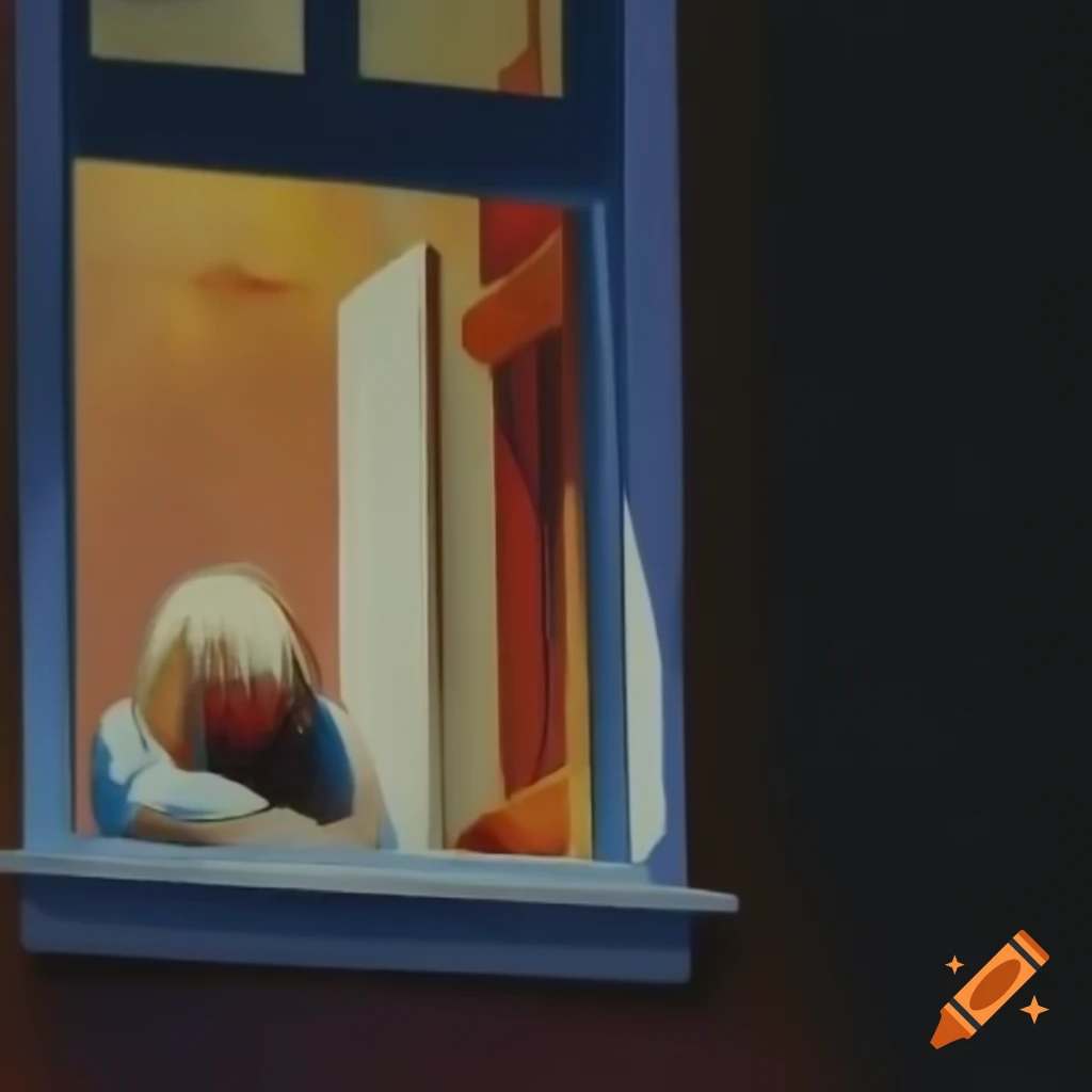 House exterior with person leaning out of window, pulp art style