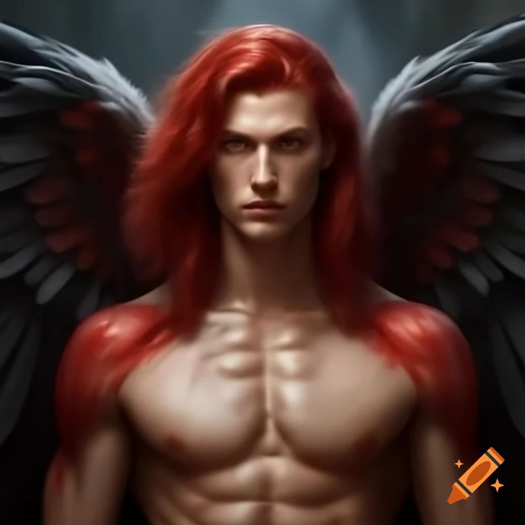 Full body portrait of scarlet-haired male angel with red and grey wings