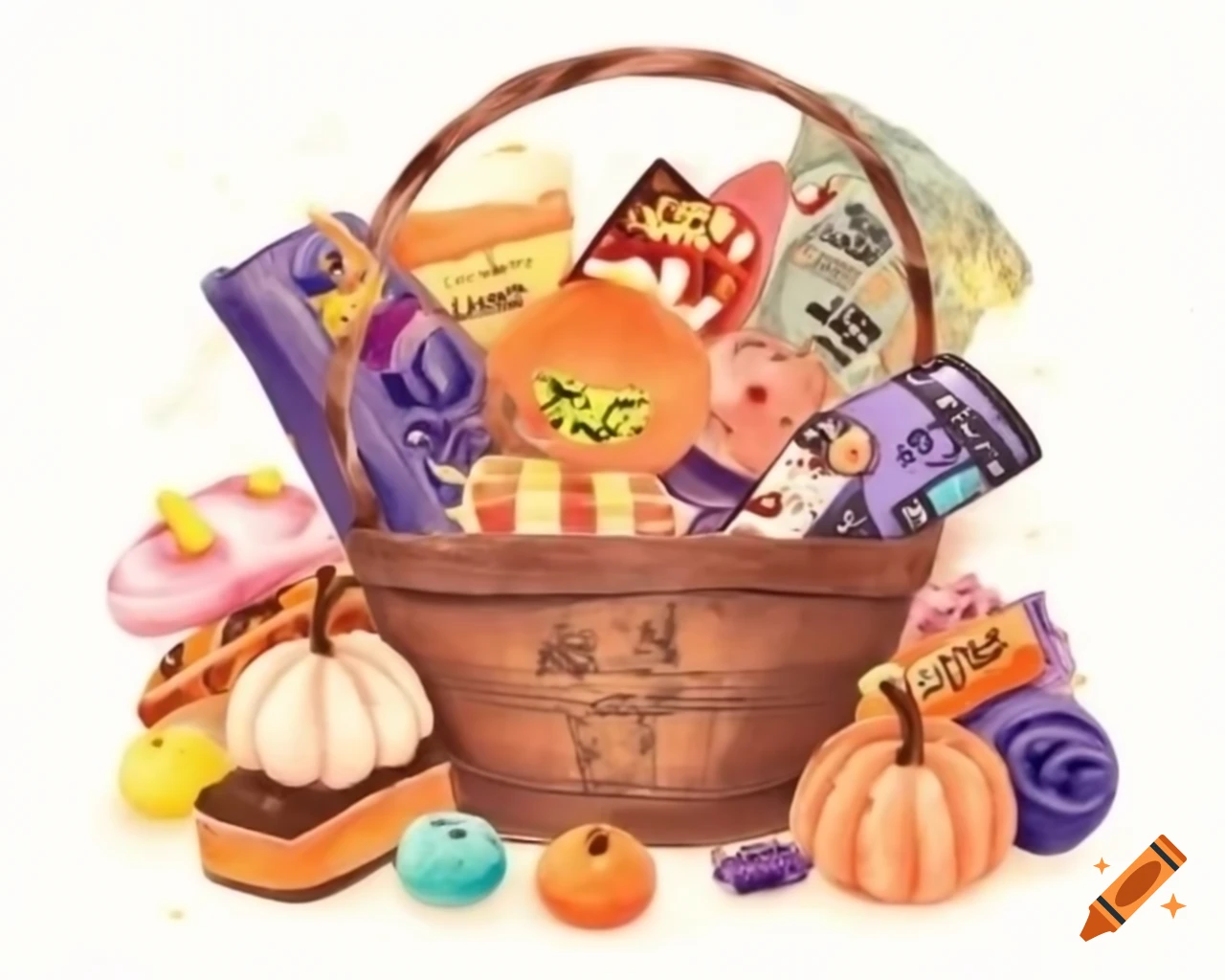 Watercolor Halloween trick or treat basket filled with colorful sweets