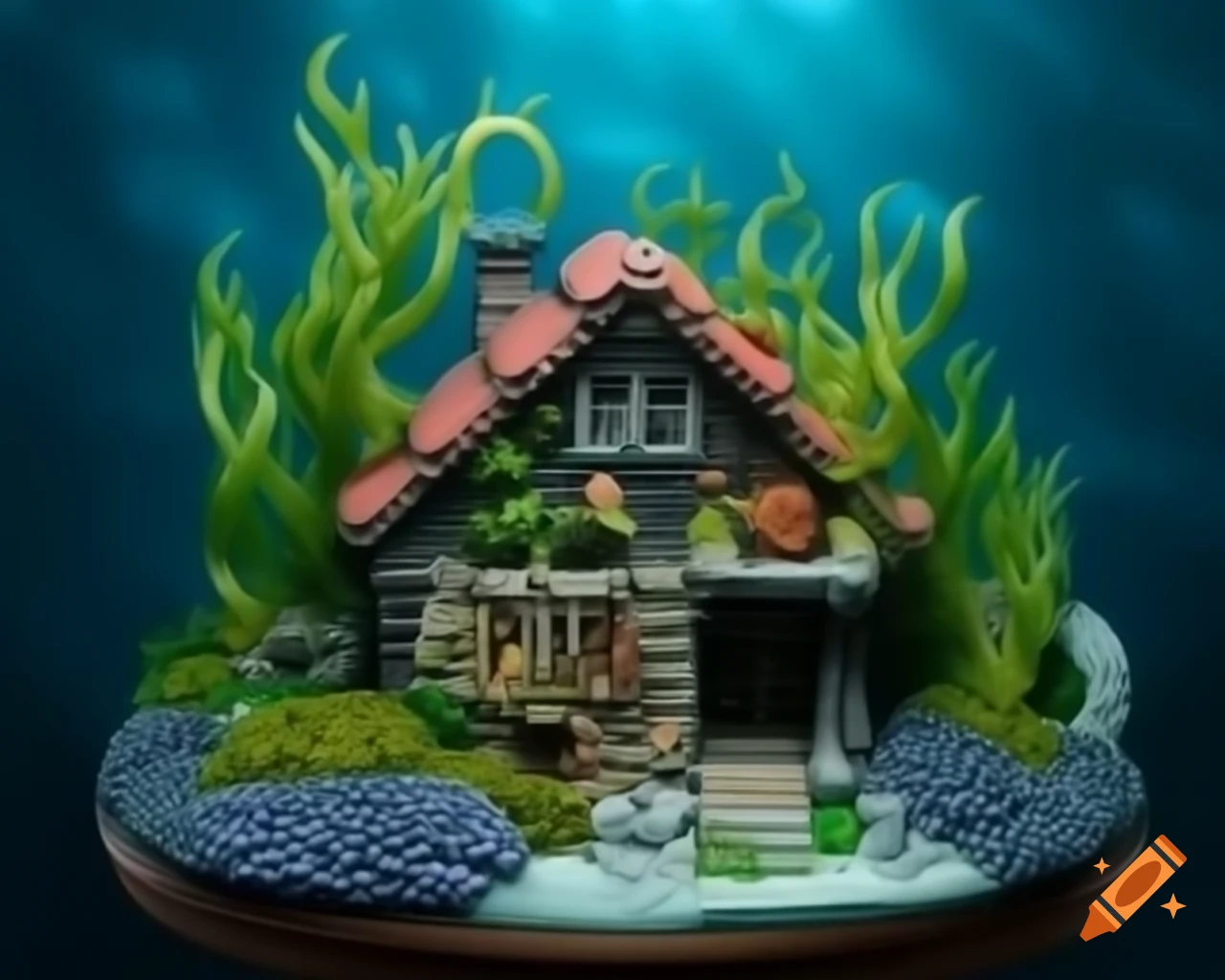 Miniature house made of corals and seaweed underwater, detailed diorama