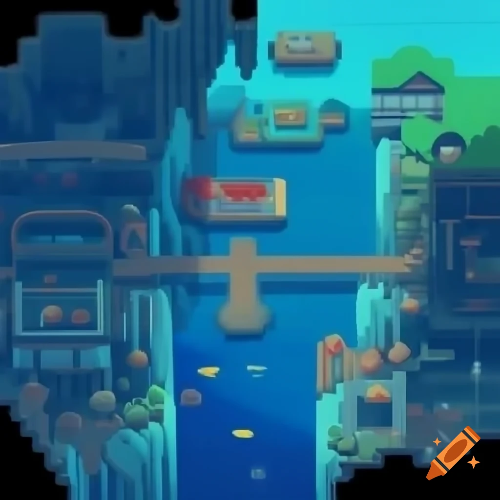 Pixel art city inspired by Pokemon Fire Red with 2D satellite view