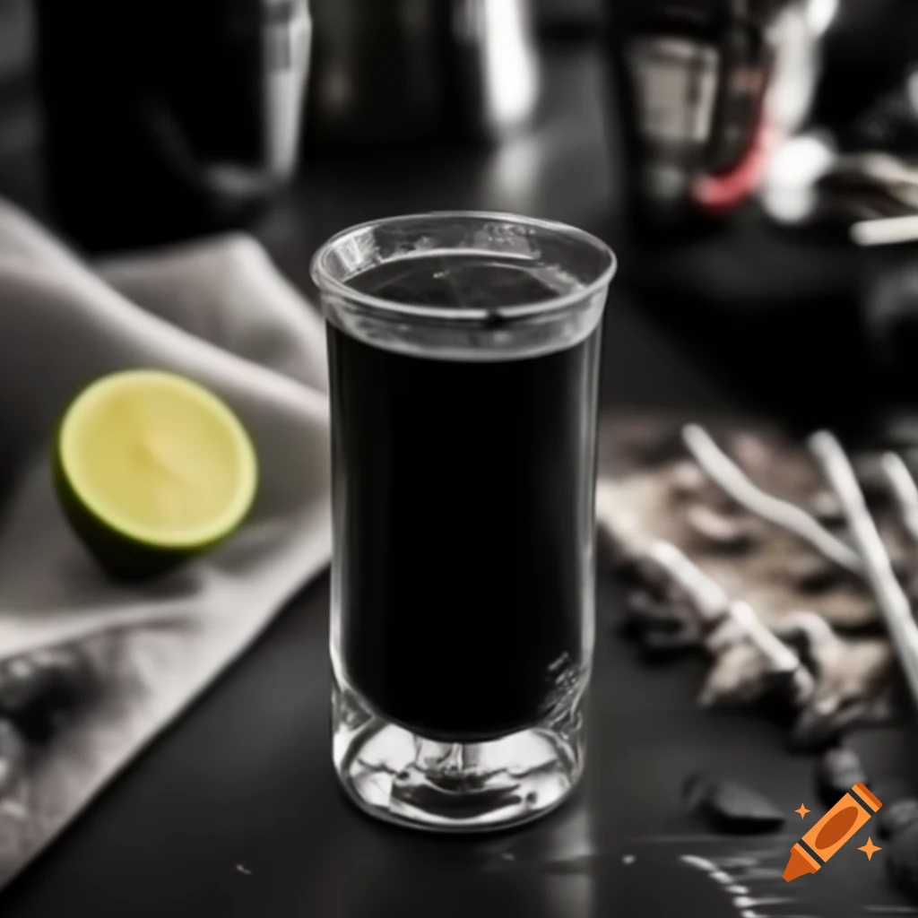 Black cocktail named goth juice served in a glass